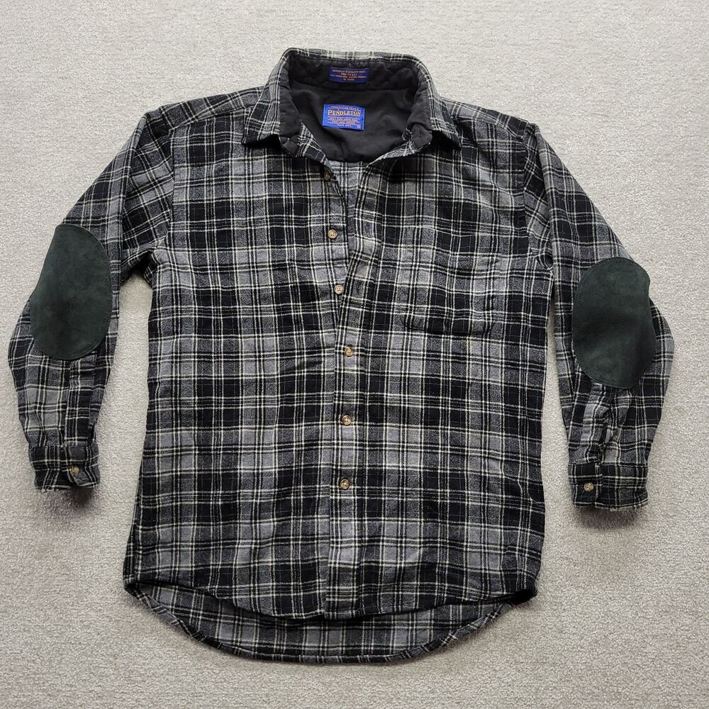 Pendleton Womens Medium Wool Flannel Shirt Gray Black Plaid Elbow Patch USA